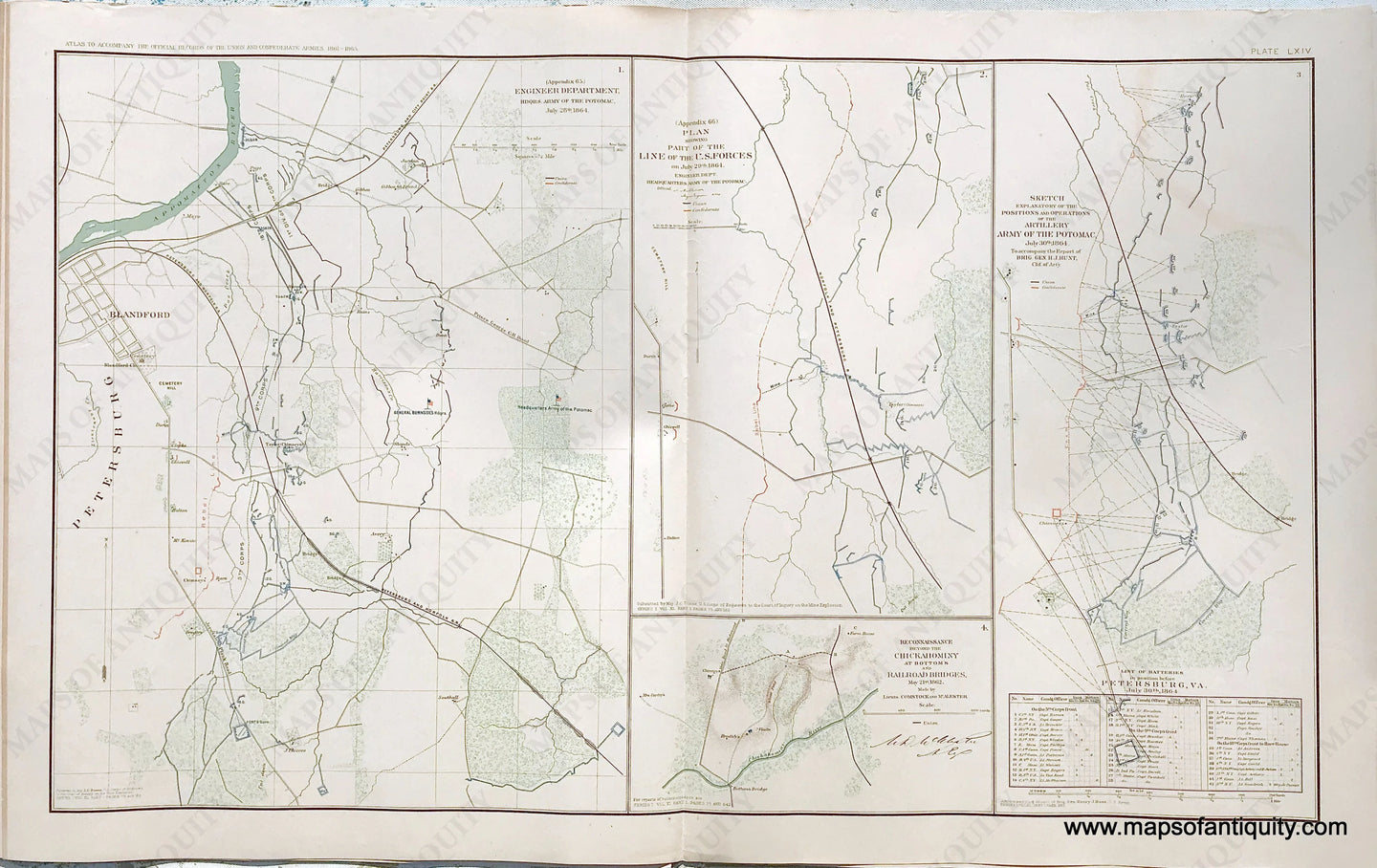 Antique-Lithograph-Print-Plate-64.-Engineer-Department-Headquarters-Army-of-the-Potomac-Part-of-the-line-of-the-U.S.-Forces--Positions-and-Operations-of-the-Artillery-Army-of-the-Potomac-Batteries-in-position-before-Petersburg-VA-/-Reconnaissance-beyond-the-Chickahominy-at-Bottom's-and-Railroad-Bridges-May-21st-1862.-1893-US-War-Dept.-Civil-War-Civil-War-1800s-19th-century-Maps-of-Antiquity