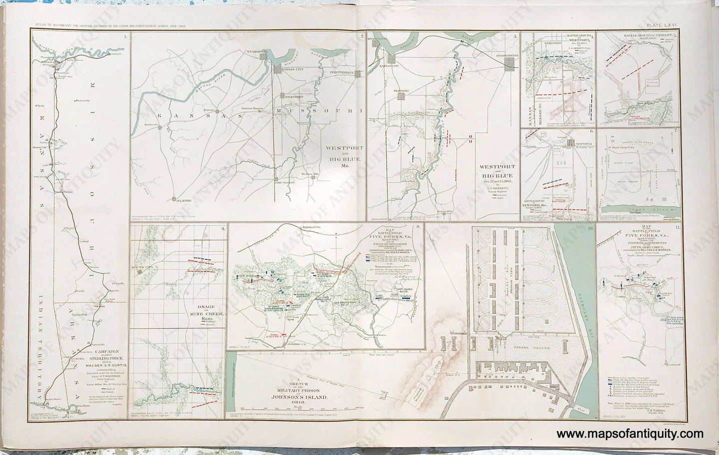 Antique-Lithograph-Print-Plate-66.-Campaign-against-Sterling-Price-1864-/-West-Point-and-Big-Blue-Mo.-/-West-Point-and-Big-Blue-Battle-Field-of-Five-Forks-Va.-Battle-Field-of-Five-Forks-Va.-April-1st-1865-showing-positions-and-movements-/-Military-Prison-on-Johnson's-Island-Ohio-/-plus-6-smaller-maps.-1893-US-War-Dept.-Civil-War-Civil-War-1800s-19th-century-Maps-of-Antiquity