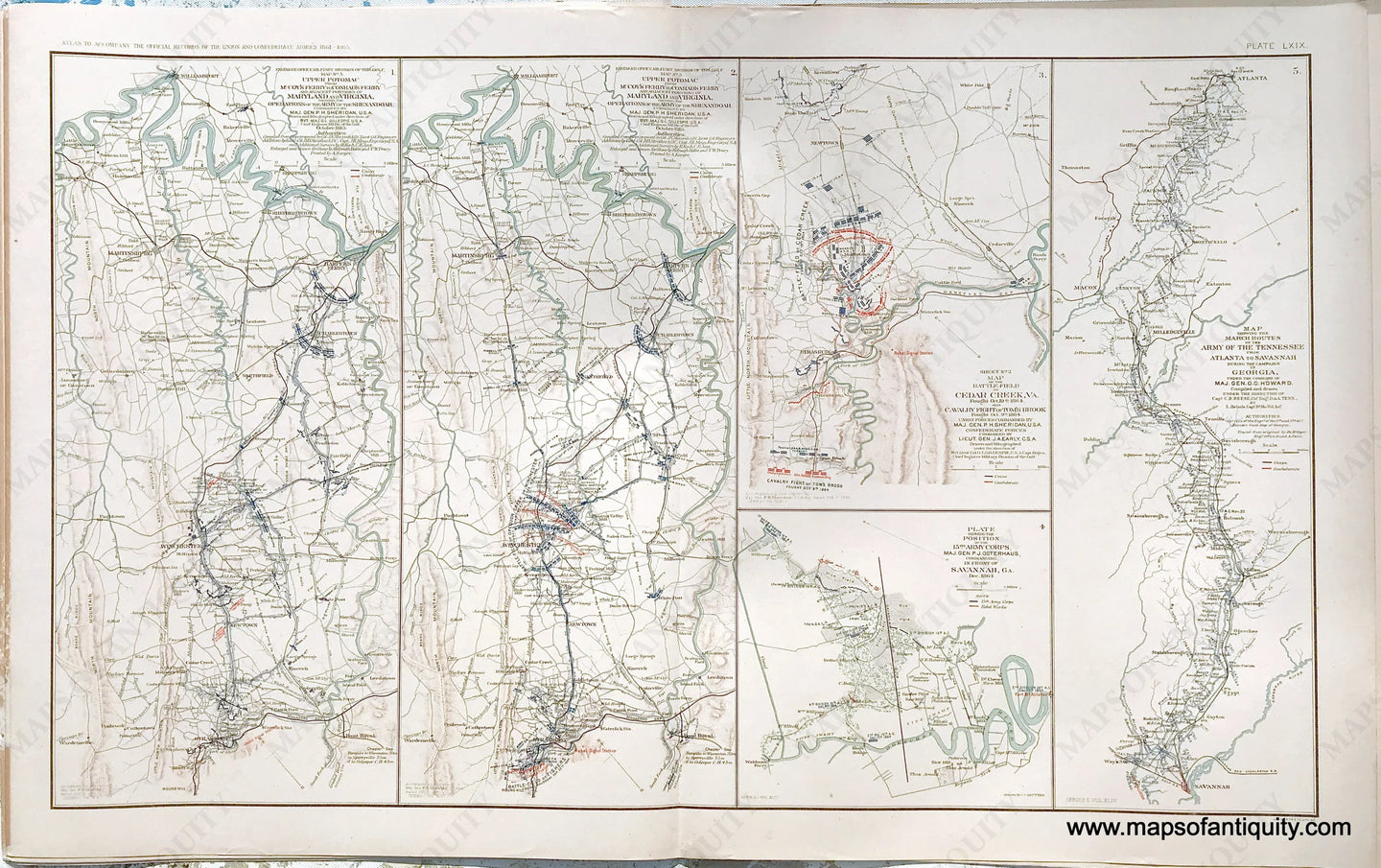 Antique-Lithograph-Print-Plate-69.-Upper-Potomac-from-McCoy's-Ferry-to-Conrad's-Ferry-and-portions-of-Maryland-and-Virginia-Battle-Field-of-Cedar-Creek-Va.-and-Cavalry-Fight-of-Tom's-Brook-March-routes-of-the-Army-of-the-Tennessee-from-Atlanta-to-Savannah-Ga.-/-Position-of-the-15th-Army-Corps-in-front-of-Savannah-Ga.-1893-US-War-Dept.-Civil-War-Civil-War-1800s-19th-century-Maps-of-Antiquity