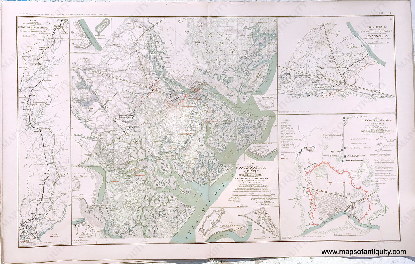 Antique-Lithograph-Print-Plate-70.-Route-of-March-of-the-2nd-Division-15th-Army-Corps-Map-of-Savannah-and-Vicinity-Illustrating-the-Operations-of-the-Army-under-command-of-Maj.-Gen.-W.T.-Sherman-Rebel-Defenses-in-front-of-the-14th-and-20th-Army-Corps-Evacuation-of-Savannah-GA-/-Map-of-Selma-AL-and-its-defenses.-1893-US-War-Dept.-Civil-War-Civil-War-1800s-19th-century-Maps-of-Antiquity