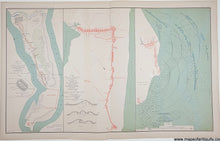 Load image into Gallery viewer, Antique map of Fort FIsher on the coast of North Carolina with red lines showing confederate fortifications and blue showing Union lines and ships, on a light background with teal water
