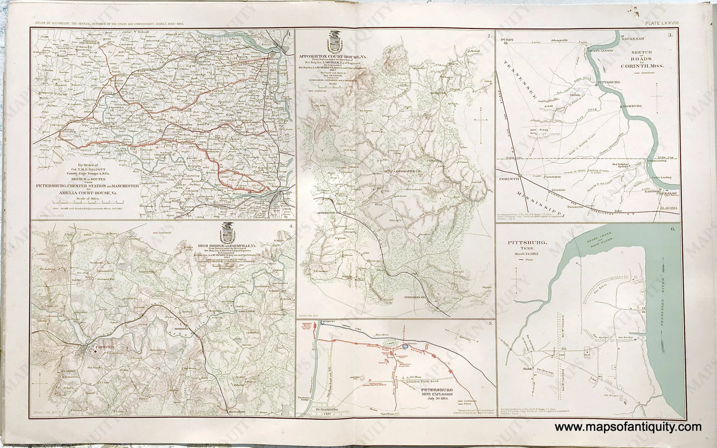 Antique-Lithograph-Print-Plate-78.-Routes-from-Petersburg-Chester-Station-and-Manchester-to-Amelia-Court-House-Va.-/-Appomattox-Court-House-Va.-1867-/-Roads-to-Corinth-Miss.-/-High-Bridge-and-Farmville-Va.-1867-/-Petersburg-Mine-Explosion-July-30-1864-/-Pittsburgh-Tenn.-March-24th-1862.-1893-US-War-Dept.-Civil-War-Civil-War-1800s-19th-century-Maps-of-Antiquity