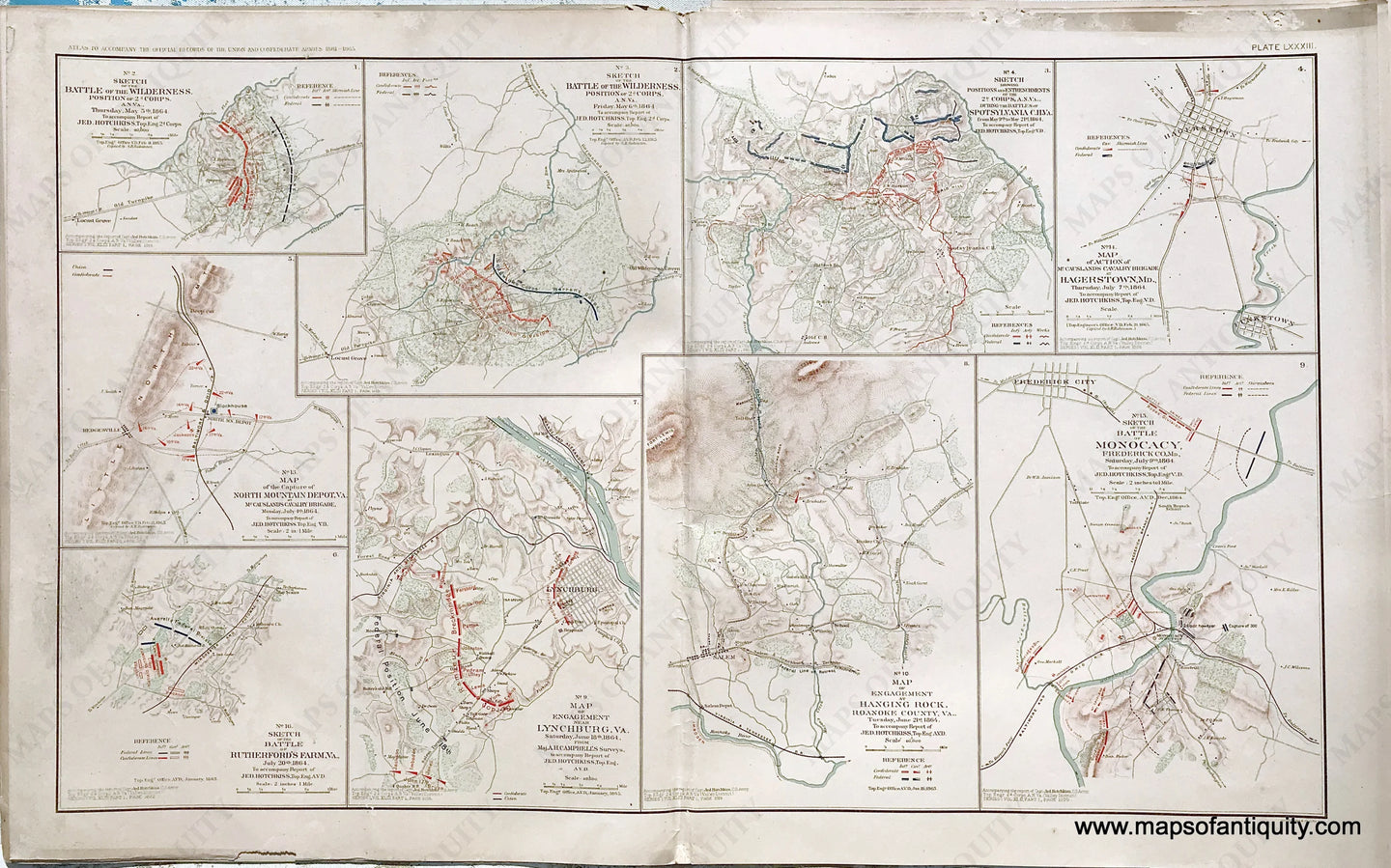 Antique-Lithograph-Print-Plate-83.-Battle-of-the-Wilderness-North-Mountain-Depot-Va.-Rutherford's-Farm-Lynchburg-Va.-Hanging-Rock-Roanoke-County-McCausland's-Calvary-Brigade-Hagerstown-Md.-Spotsylvania-C.H-Battle-of-Monocacy-Frederick-County-Md.-1893-US-War-Dept.-Civil-War-Civil-War-1800s-19th-century-Maps-of-Antiquity