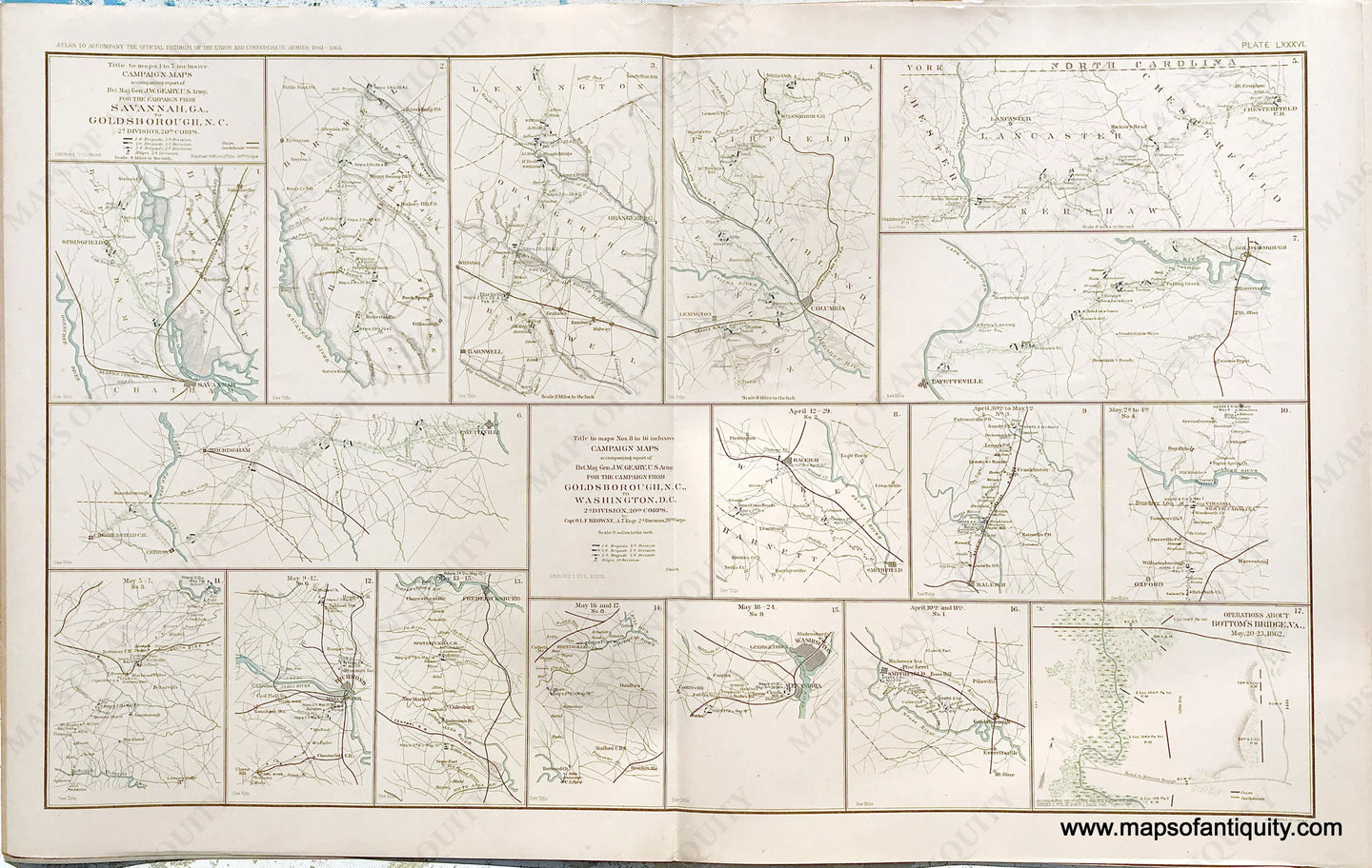 Antique-Lithograph-Print-Plate-86.-Campaign-Maps-for-the-Campaign-from-Savannah-GA-to-Goldsborough-NC-/-Campaign-Maps-for-the-Campaign-from-Goldsborough-to-Washington-/-Operations-about-Bottom's-Bridge-VA.-1893-US-War-Dept.-Civil-War-Civil-War-1800s-19th-century-Maps-of-Antiquity