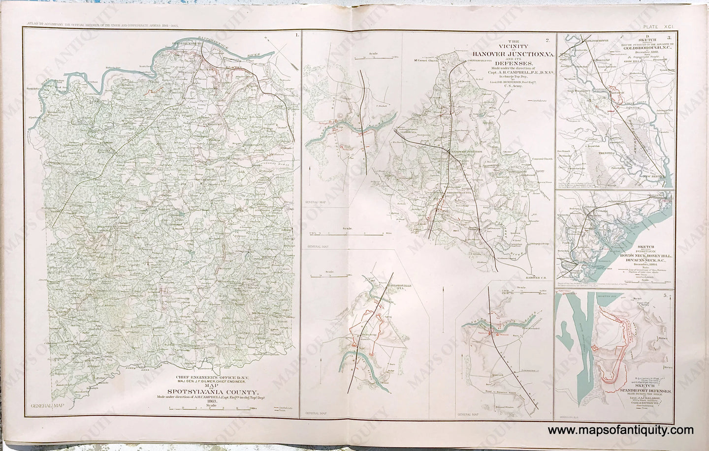 Antique-Lithograph-Print-Plate-91.-Spotsylvania-County-1863-/-Vicinity-of-Hanover-Junction-Va.-and-its-Defenses-with-3-insets-/-plus-3-smaller-maps.-1893-US-War-Dept.-Civil-War-Civil-War-1800s-19th-century-Maps-of-Antiquity