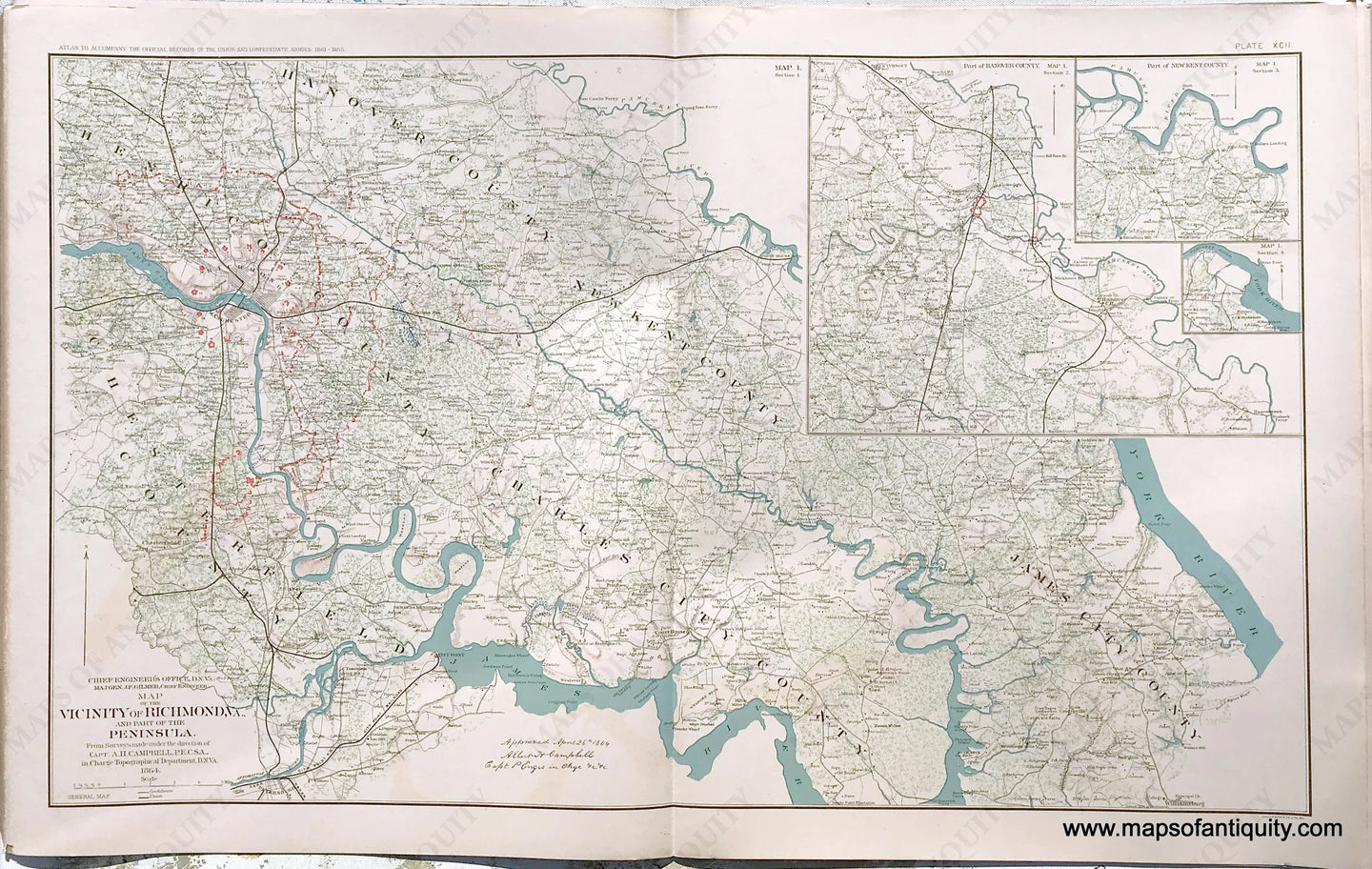 Antique-Lithograph-Print-Plate-92.-Vicinity-of-Richmond-Va.-and-part-of-the-Peninsula-1864-plus-3-smaller-maps.-1893-US-War-Dept.-Civil-War-Civil-War-1800s-19th-century-Maps-of-Antiquity