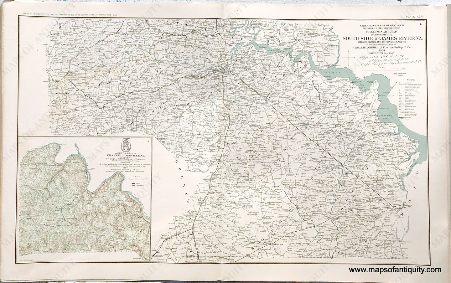 Antique-Lithograph-Print-Plate-93.-Preliminary-map-of-a-part-of-the-South-Side-of-James-River-Va.-1864-/-Battle-Field-of-Chancellorsville-Va.-1867.-1893-US-War-Dept.-Civil-War-Civil-War-1800s-19th-century-Maps-of-Antiquity