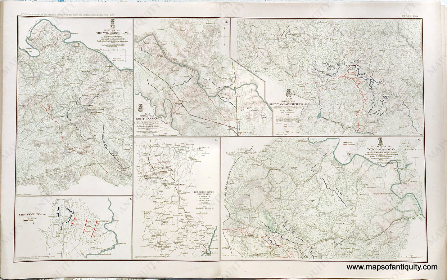 Antique-Lithograph-Print-Plate-96.-Battle-Field-of-The-Wilderness-Va.-1867-/-Battle-Field-of-North-Anna-Va.-1867-/-Battle-Field-of-Spotsylvania-Court-House-Va.-1867-/-Battle-Field-of-Totopotomoy-Va.-1867-plus-2-smaller-maps.-1893-US-War-Dept.-Civil-War-Civil-War-1800s-19th-century-Maps-of-Antiquity