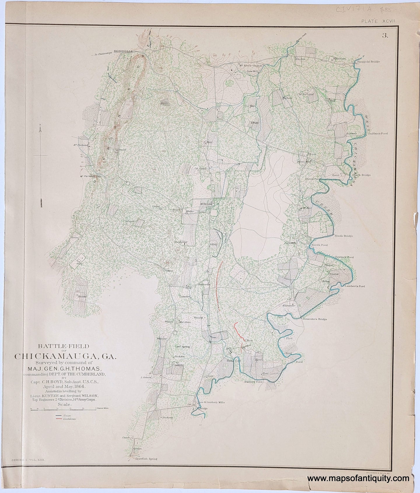 Antique-Lithograph-Print-Plate-97.-Battle-Field-of-Chickamauga-GA- Georgia-surveyed-by-command-of-Major-Gen.-G.H.-Thomas-April-and-May-1864.-1893-US-War-Dept.-Civil-War-Civil-War-1800s-19th-century-Maps-of-Antiquity