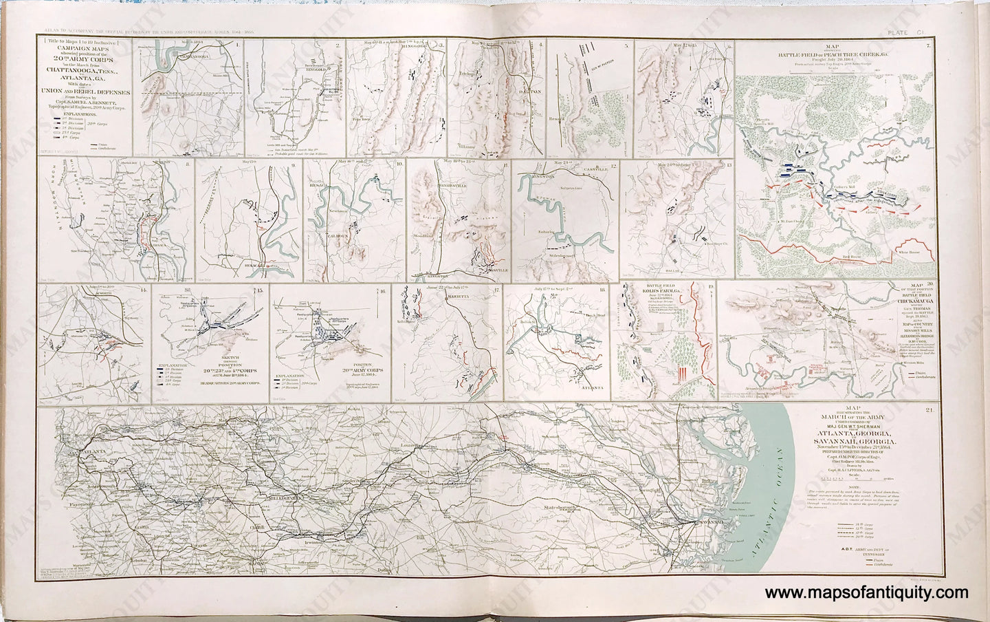 Antique-Lithograph-Print-Plate-101.-Campaign-20th-Army-Corps-Chattanooga-Tenn.-to-Atlanta-Ga.-Union-and-Rebel-Defenses-Battle-Field-of-Peach-Tree-Creek-Ga.-1864-/-Battle-Field-of-Chickamauga-also-Map-of-Country-from-Mission-Mills-to-Alexander's-Bridge-/-March-Major-Gen.-W.T.-Sherman-from-Atlanta-GA.-to-Savannah-GA.-1893-US-War-Dept.-Civil-War-Civil-War-1800s-19th-century-Maps-of-Antiquity