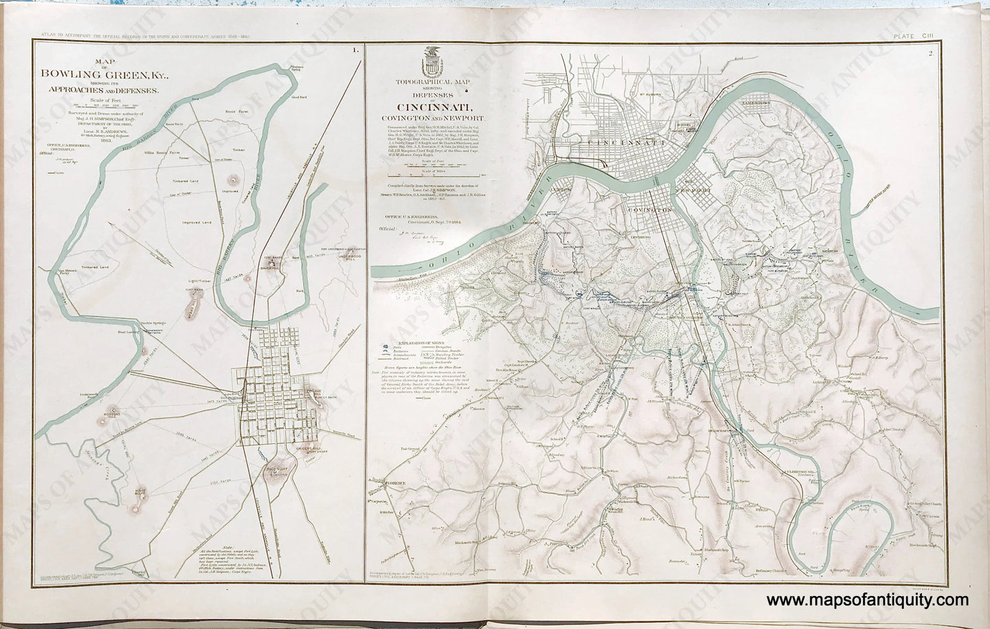 Antique-Lithograph-Print-Plate-103.-Map-of-Bowling-Green-KY-showing-its-Approaches-and-Defenses-/-Topographical-Map-showing-Defenses-of-Cincinnati-OH-and-Covington-&-Newport-KY.-1893-US-War-Dept.-Civil-War-Civil-War-1800s-19th-century-Maps-of-Antiquity