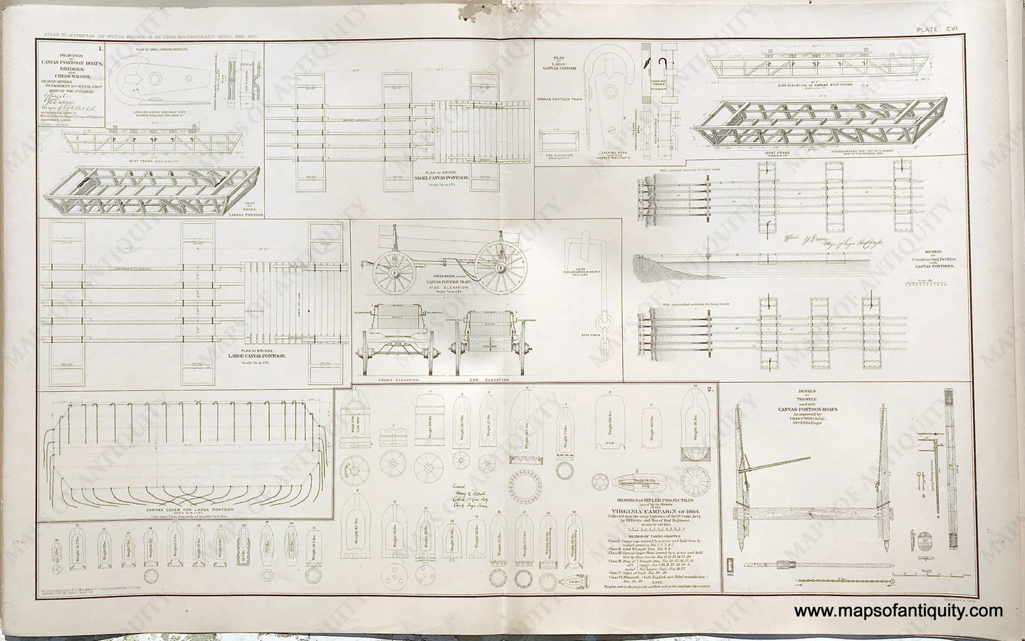 Antique-Lithograph-Print-Plate-106.-Drawings-of-Canvas-Pontoon-Boats-Bridges-and-Chess-Wagons-/-Drawings-of-Rifled-Projectiles-used-by-the-Rebels-in-the-Virginia-Campaign-of-1864.-1893-US-War-Dept.-Civil-War-Civil-War-1800s-19th-century-Maps-of-Antiquity