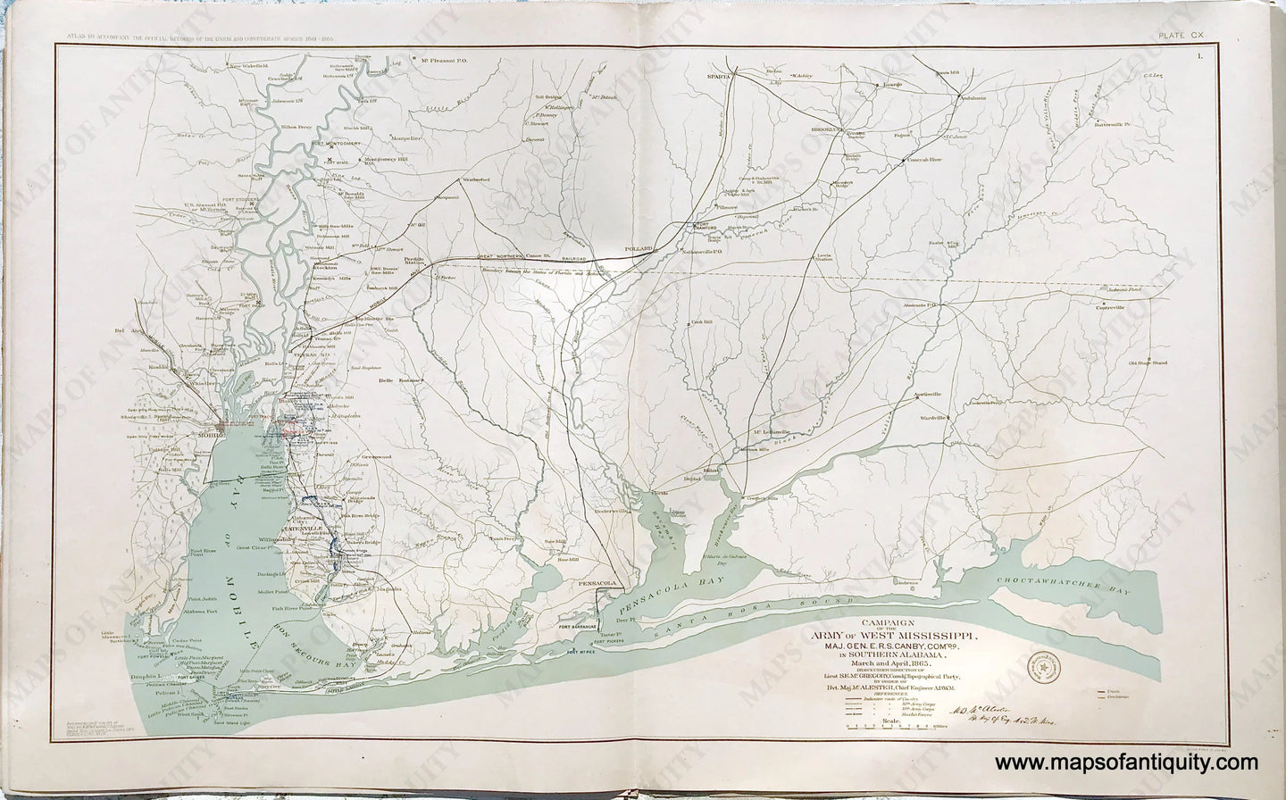 Antique-Lithograph-Print-Plate-110.-Campaign-of-the-Army-of-West-Mississippi-Major-Gen.-E.R.S.-Canby-Commanding-in-Southern-Alabama-March-and-April-1865.-1893-US-War-Dept.-Civil-War-Civil-War-1800s-19th-century-Maps-of-Antiquity