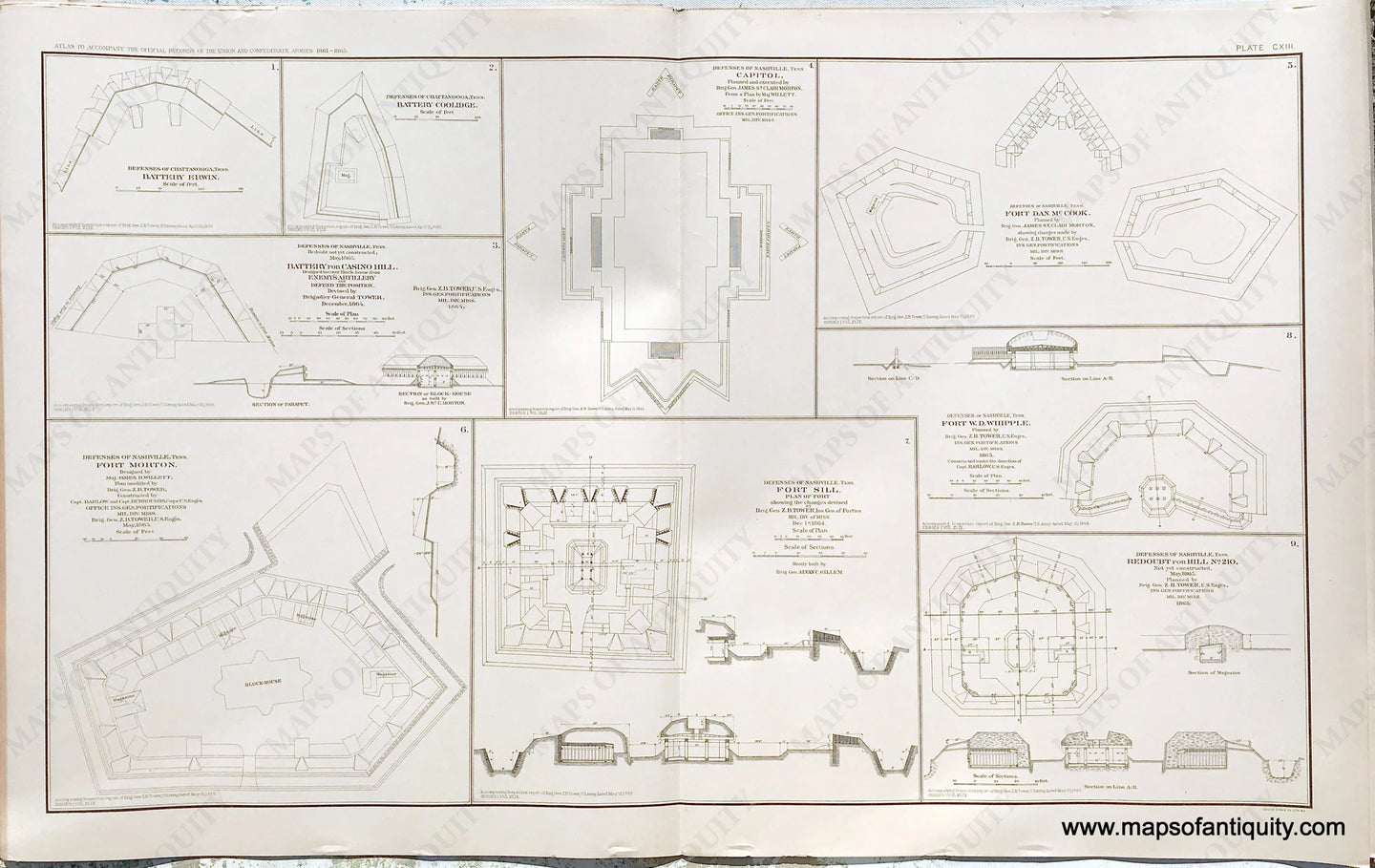 Antique-Lithograph-Print-Plate-113.-Two-maps-showing-Defenses-of-Chattanooga-Tenn.-Battery-Erwin-and-Battery-Coolidge-/-Seven-maps-showing-Defenses-of-Nashville-Tenn.-Battery-for-Casino-Hill-Fort-Morton-Capitol-Fort-Sill-Fort-Dan-McCook-Fort-W.D.-Whipple-and-Redoubt-for-Hill-No.-210.-1893-US-War-Dept.-Civil-War-Civil-War-1800s-19th-century-Maps-of-Antiquity