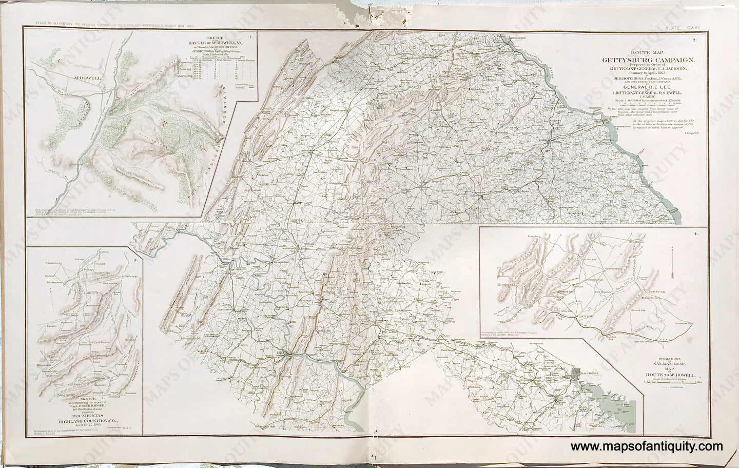 Antique-Lithograph-Print-Plate-116.-Sketch-of-the-Battle-of-McDowell-VA-1862-/-Route-Map-of-the-Gettysburg-Campaign-/-Sketch-of-Scout-through-Pocahontas-and-Highland-Counties-W.-Va.-/-Operations-in-N.VA-W.VA-and-MD-Map-of-Route-to-McDowell-Va.-1894-US-War-Dept.-Civil-War-Civil-War-1800s-19th-century-Maps-of-Antiquity