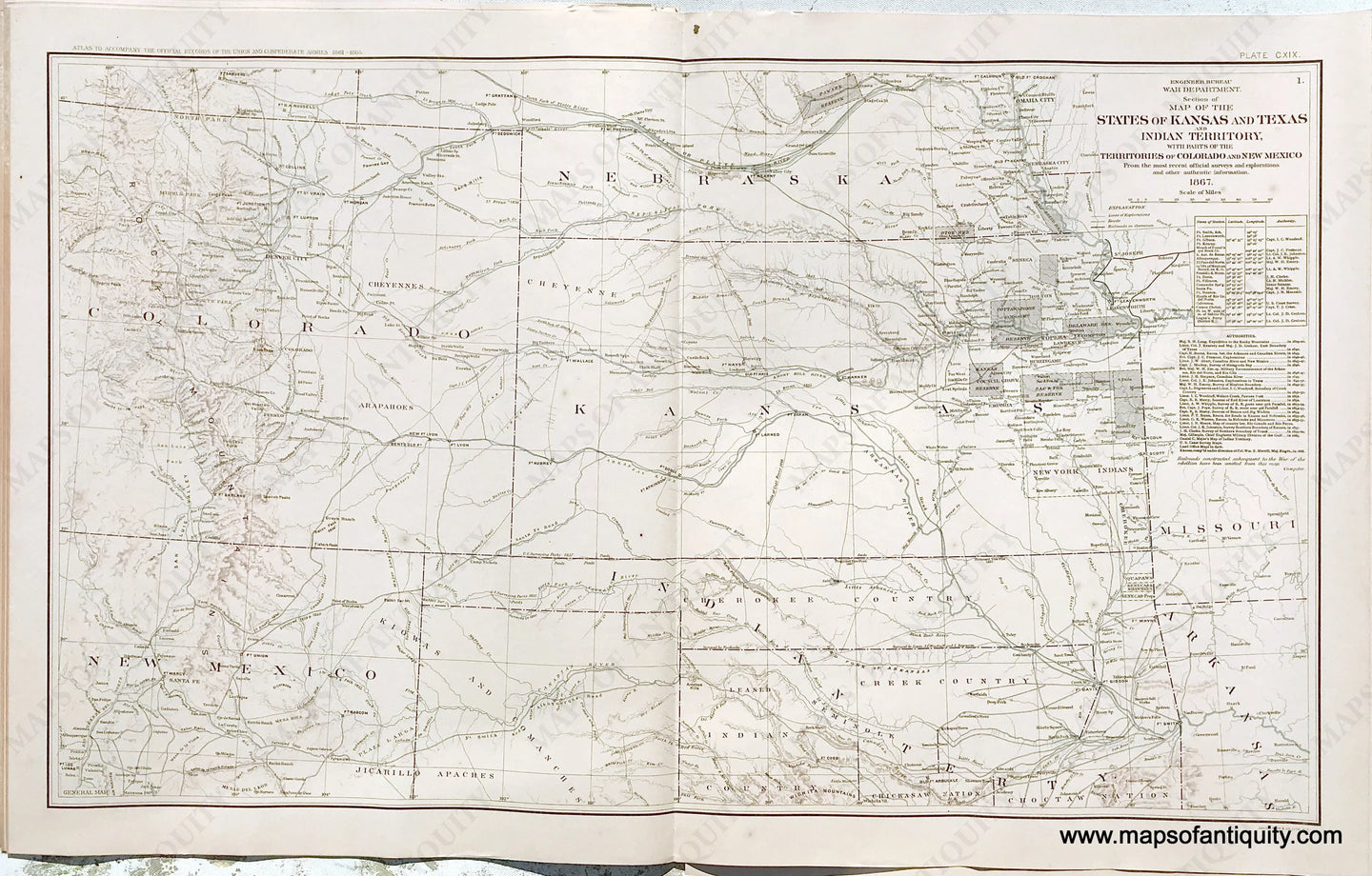 Antique-Lithograph-Print-Plate-119.-Section-of-the-Map-of-States-of-Kansas-and-Texas-and-Indian-Territory-with-parts-of-the-Territories-of-Colorado-and-New-Mexico-1867.-1894-US-War-Dept.-Civil-War-Civil-War-1800s-19th-century-Maps-of-Antiquity