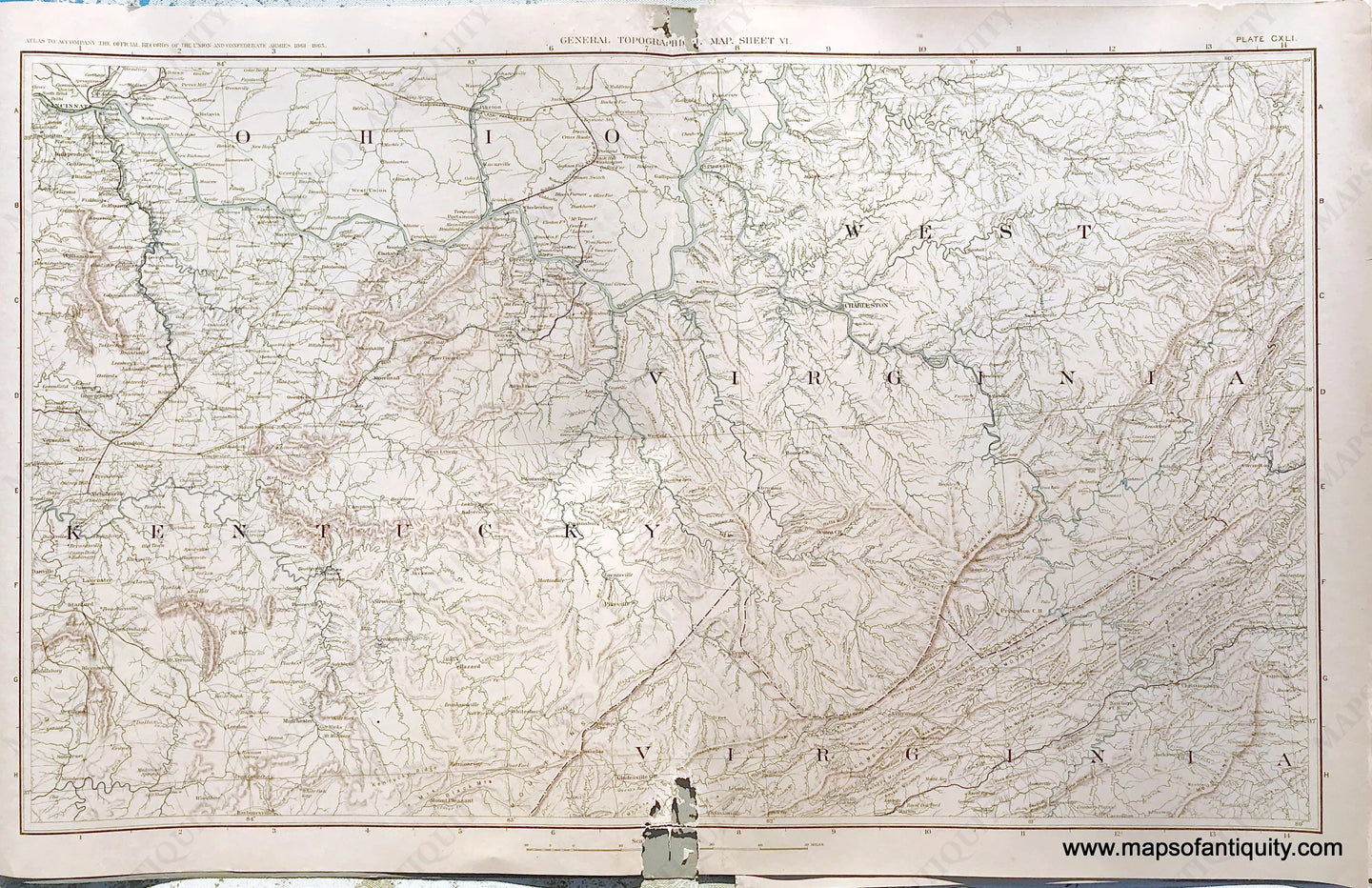 Antique-Lithograph-Print-Plate-141.-General-Topographical-Map.-Sheet-VI.-Sections-of-Ohio-West-Virginia-Kentucky-and-Virginia.-Bottom-corners-chipped-outside-printed-area.-1894-US-War-Dept.-Civil-War-Civil-War-1800s-19th-century-Maps-of-Antiquity