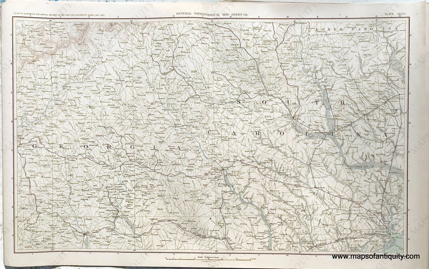 Antique-Lithograph-Print-Plate-143.-General-Topographical-Map.-Sheet-VIII.-Sections-of-Georgia-and-South-Carolina-with-a-small-section-of-North-Carolina.-1894-US-War-Dept.-Civil-War-Civil-War-1800s-19th-century-Maps-of-Antiquity