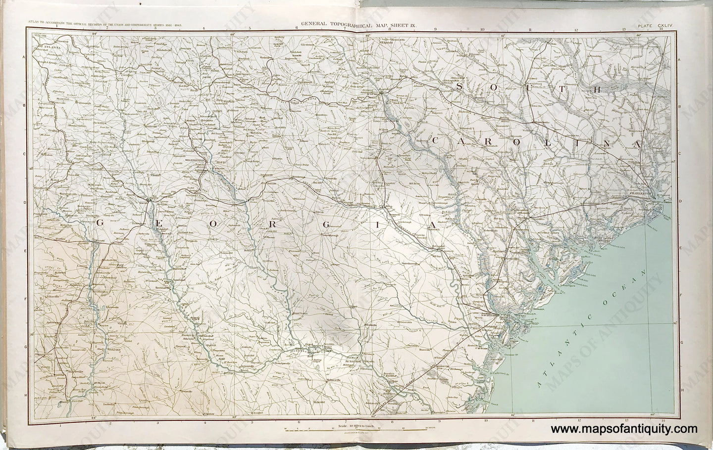 Antique-Lithograph-Print-Plate-144.-General-Topographical-Map.-Sheet-IX.-Sections-of-South-Carolina-and-Georgia.-1894-US-War-Dept.-Civil-War-Civil-War-1800s-19th-century-Maps-of-Antiquity