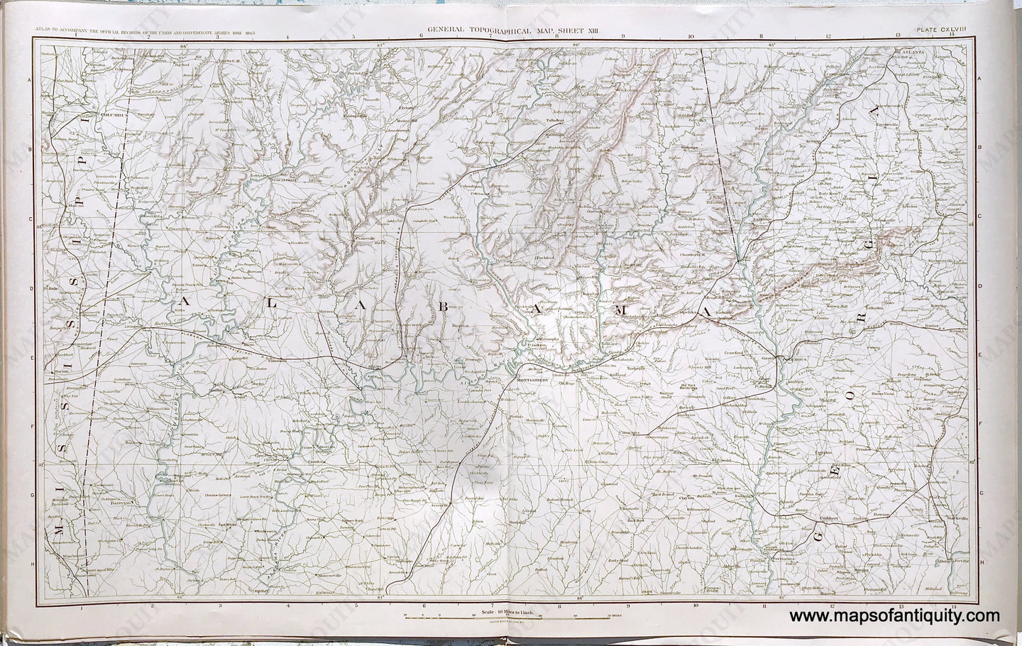 Antique-Lithograph-Print-Plate-148.-General-Topographical-Map.-Sheet-XIII.-Sections-of-Mississippi-Alabama-and-Georgia.-1894-US-War-Dept.-Civil-War-Civil-War-1800s-19th-century-Maps-of-Antiquity