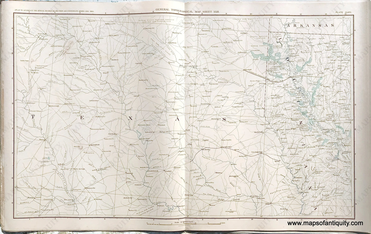 Antique-Lithograph-Print-Plate-158.-General-Topographical-Map.-Sheet-XXIII.-Sections-of-Texas-Arkansas-and-Louisiana.-1894-US-War-Dept.-Civil-War-Civil-War-1800s-19th-century-Maps-of-Antiquity