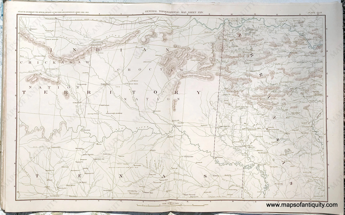 Antique-Lithograph-Print-Plate-159.-General-Topographical-Map.-Sheet-XXIV.-Sections-of-Indian-Territory-Texas-and-Arkansas.-1894-US-War-Dept.-Civil-War-Civil-War-1800s-19th-century-Maps-of-Antiquity