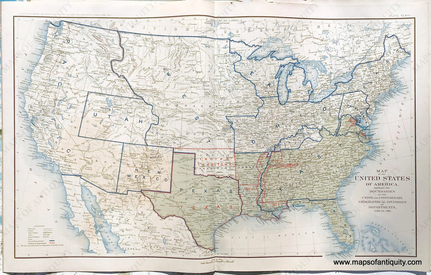 Antique-Lithograph-Print-Plate-163.-The-United-State-of-America-showing-the-Boundaries-of-the-Union-and-Confederate-Geographical-Divisions-and-Departments-June-30-1861.-1895-US-War-Dept.-Civil-War-Civil-War-1800s-19th-century-Maps-of-Antiquity