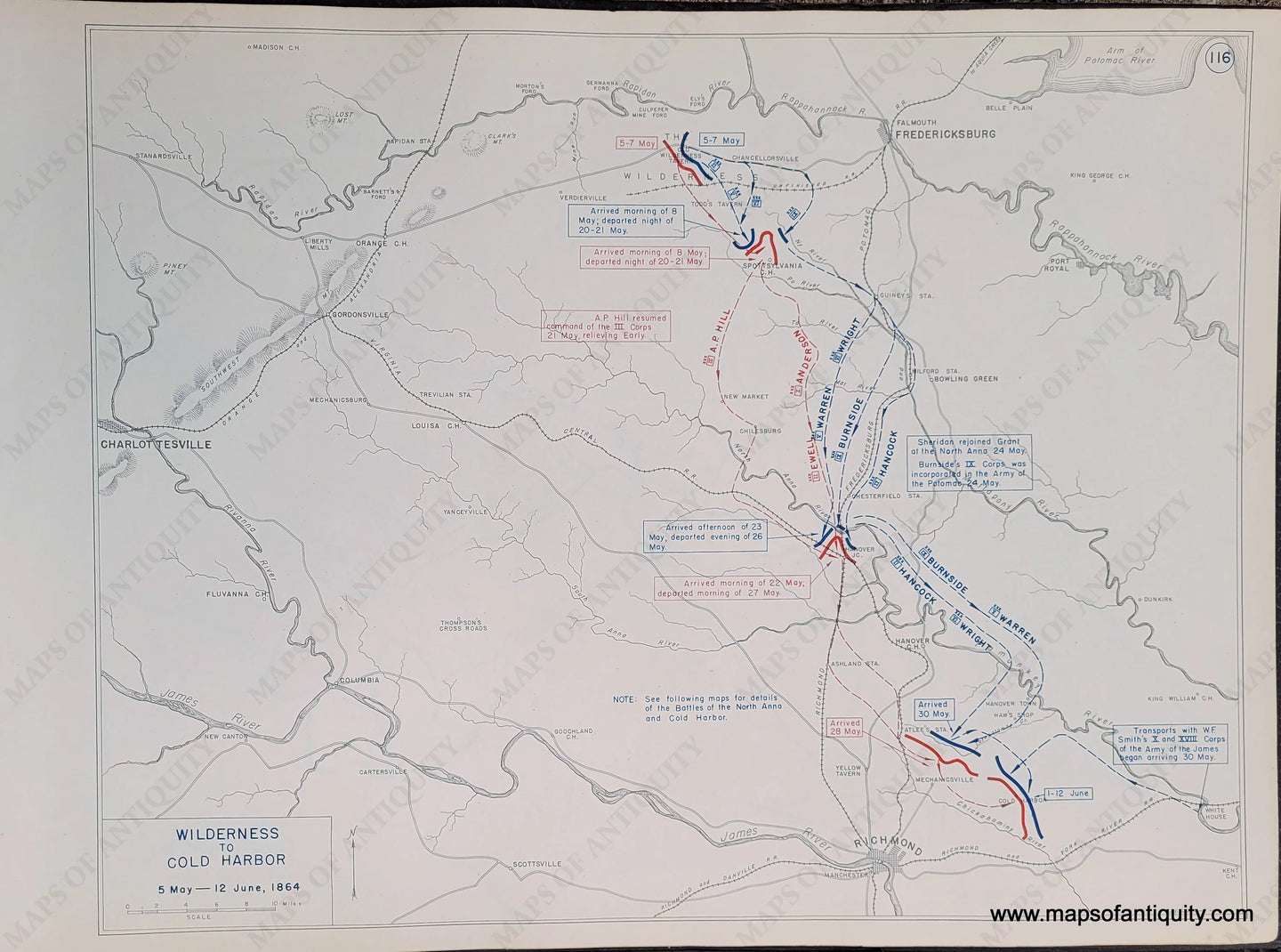 Genuine-Antique-Map-Wilderness-to-Cold-Harbor-5-May-12-June-1864-1948-Matthew-Forney-Steele-Dept-of-Military-Art-and-Engineering-US-Military-Academy-West-Point-Maps-Of-Antiquity