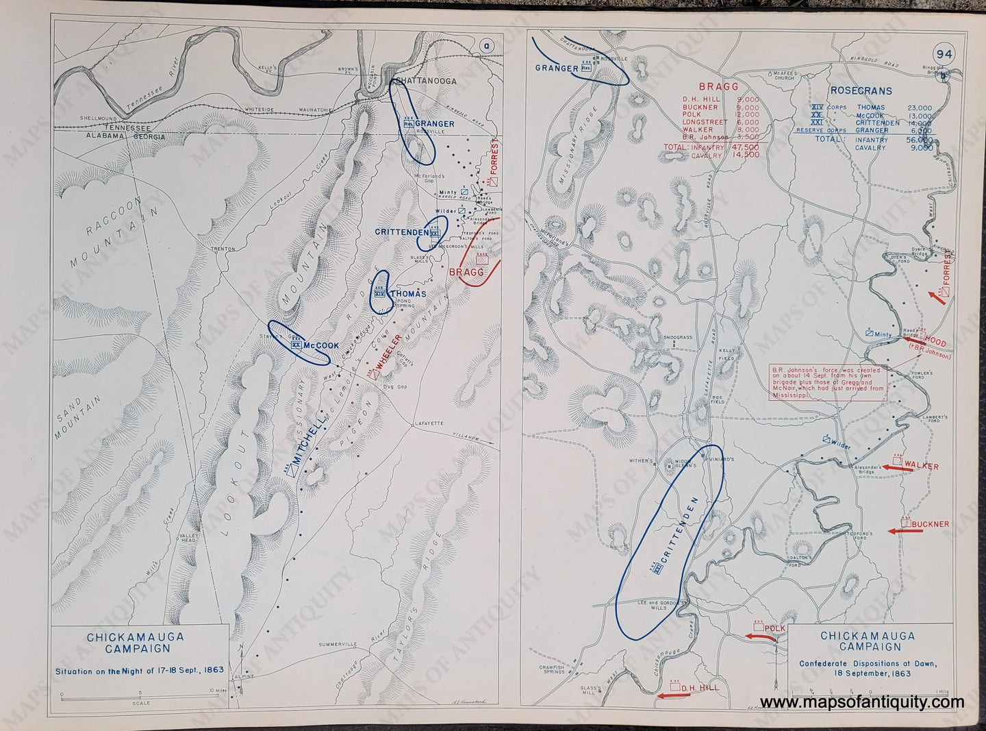 Genuine-Antique-Map-Chickamauga-Campaign-Situation-on-the-Night-of-17-18-Sept--1863-and-Confederate-Dispositions-at-Dawn-18-Sept--1863-1948-Matthew-Forney-Steele-Dept-of-Military-Art-and-Engineering-US-Military-Academy-West-Point-Maps-Of-Antiquity