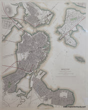 Load image into Gallery viewer, Antique map of Boston, mostly black and white with some hand-coloring along the coastline in blue-green and along train lines in red.  Framed in a silver frame with a mat with French lines to match the map.
