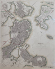 Load image into Gallery viewer, Antique map of Boston, mostly black and white with some hand-coloring along the coastline in blue-green and along train lines in red.  Framed in a silver frame with a mat with French lines to match the map.
