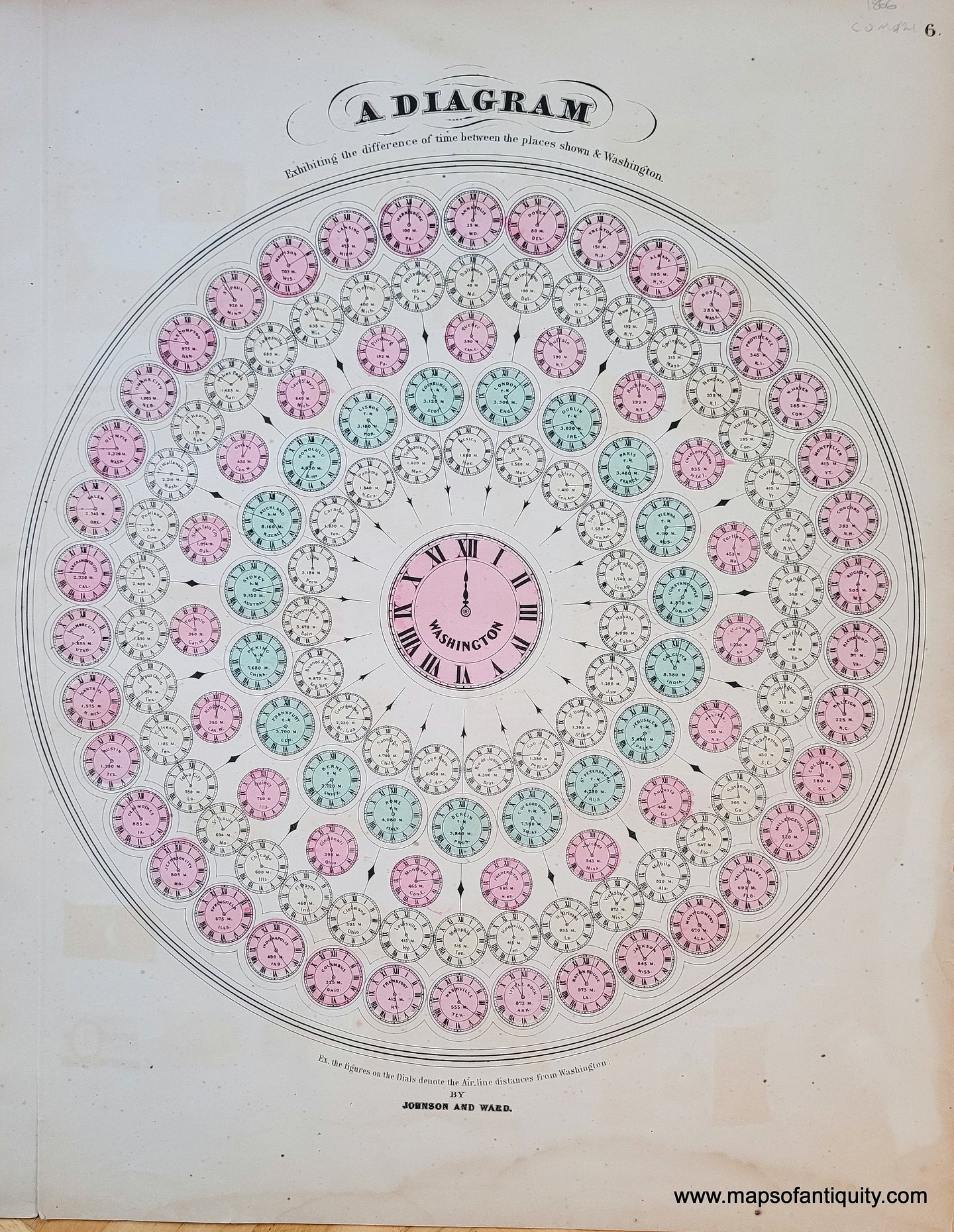 1866 - A Diagram Exhibiting the Difference of Time Between the Places Shown and Washington - Antique Map