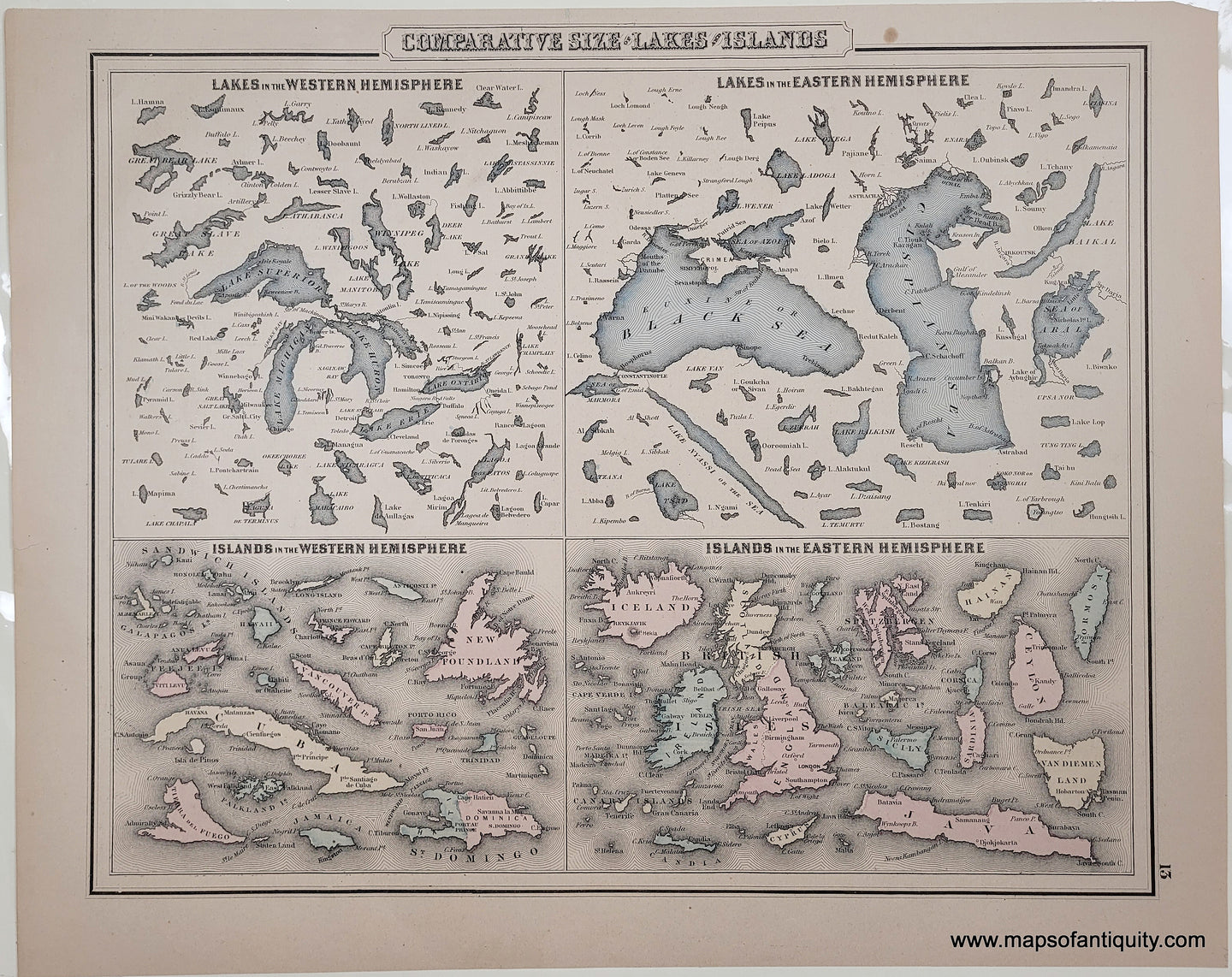 1876 - Comparative Size of Lakes and Islands in Eastern and Western Hemispheres - Antique Map