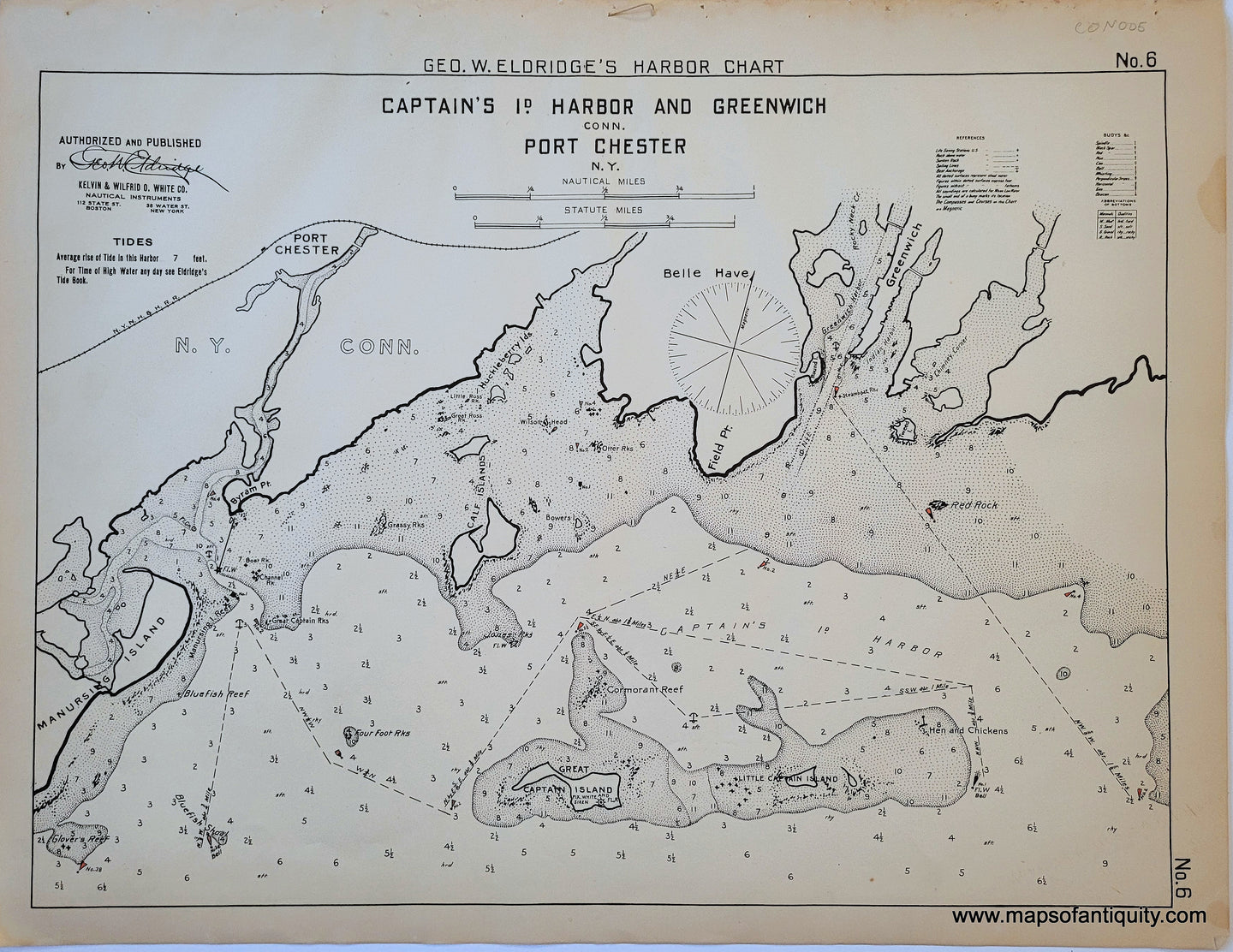 1929 - Captain's Island Harbor and Greenwich, Conn. And Port Chester, New York - Antique Chart