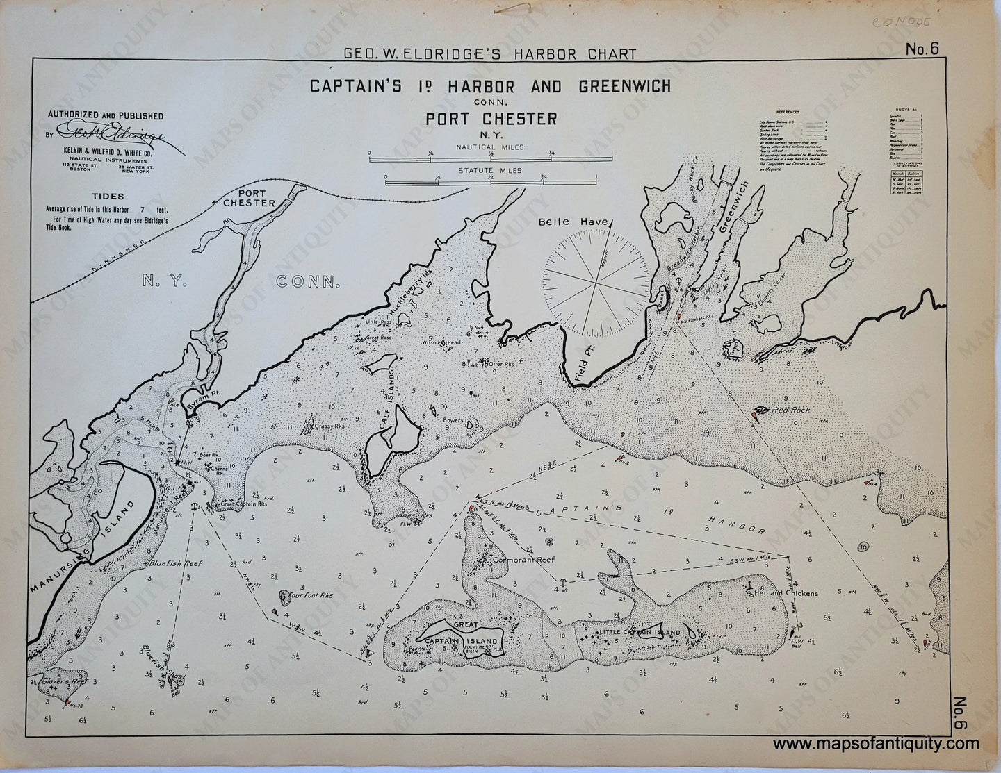 1929 - Captain’s Island Harbor And Greenwich Conn. And Port Chester New York Antique Chart