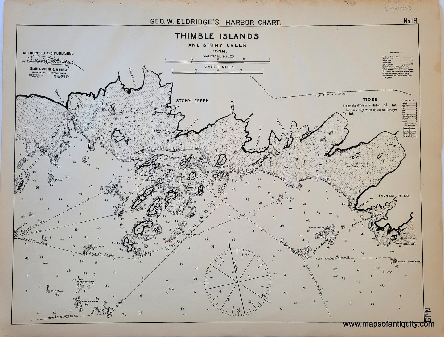 Antique map chart sailing 1929 - Thimble Islands and Stony Creek Connecticut yachting boating navigation long island sound