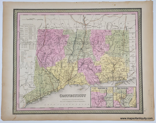 Antique Map with original hand-coloring in tones of green, yellow, peach, and pink. 
Antique-Hand-Colored-Map-Map-of-Connecticut.-United-States-Northeast-1849-Mitchell-Maps-Of-Antiquity