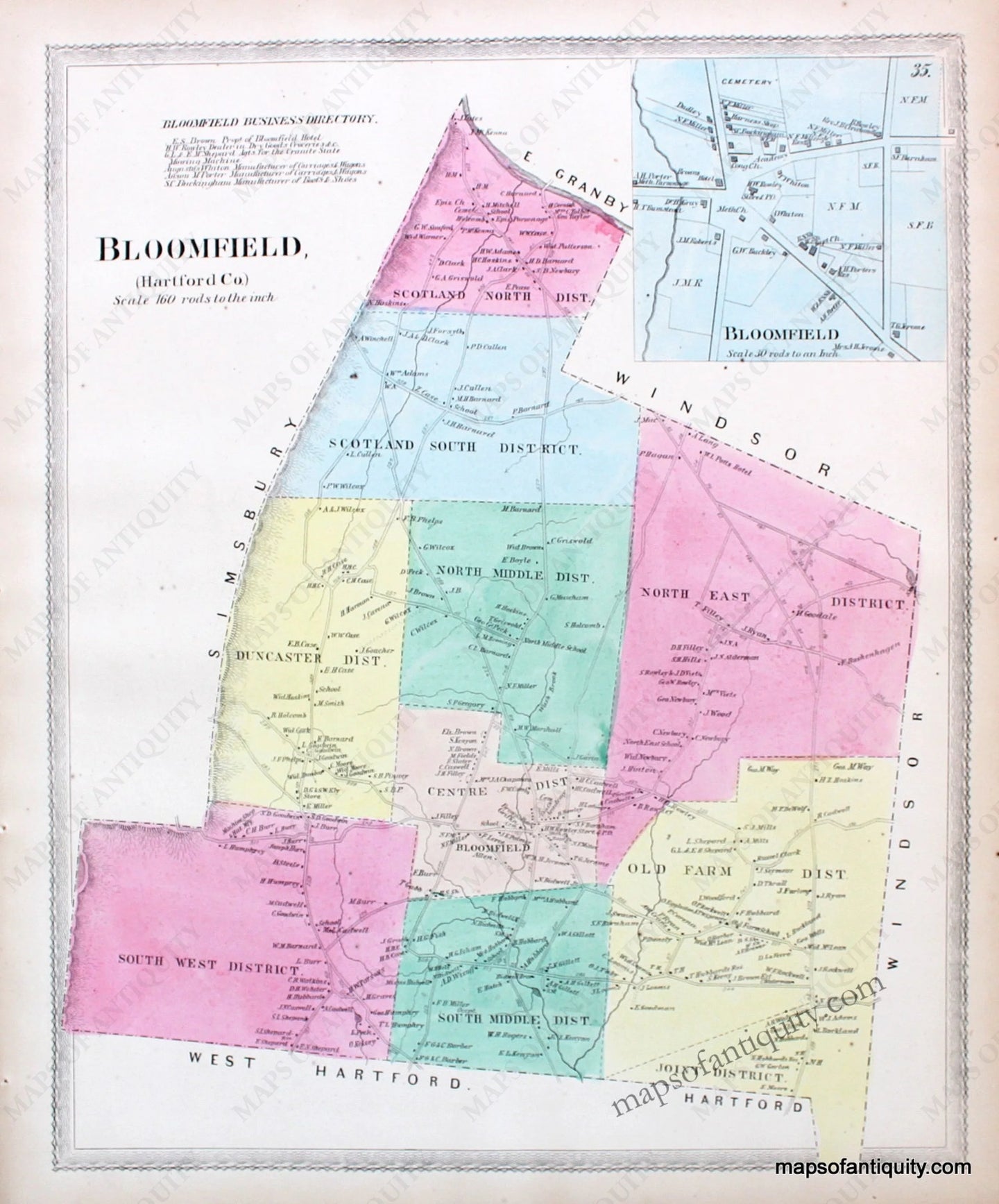 Antique-Hand-Colored-Map-Plan-of-the-town-of-Bloomfield--(CT)-United-States-Northeast-1869-Baker-&-Tilden-Maps-Of-Antiquity