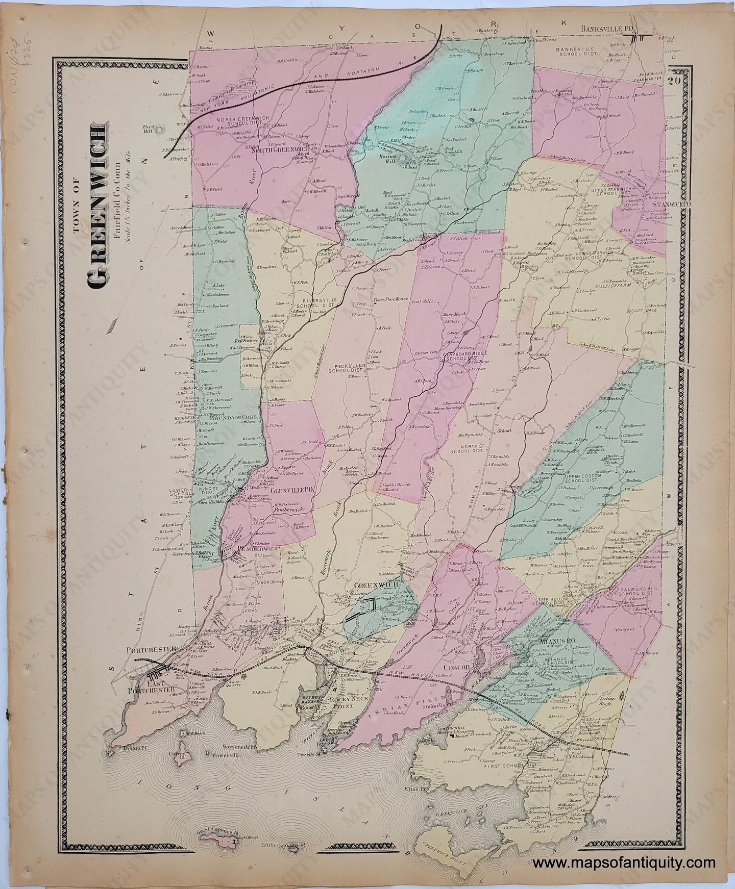 Antique-Map-Town-of-Greenwich-Connecticut-Connecticut-CT-1867-Beers-1860s-1800s-19th-century-Maps-of-Antiquity