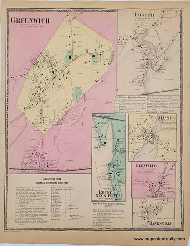 Antique-Hand-Colored-Map-Greenwich-(CT)-United-States-Northeast-1867-Beers-Maps-Of-Antiquity