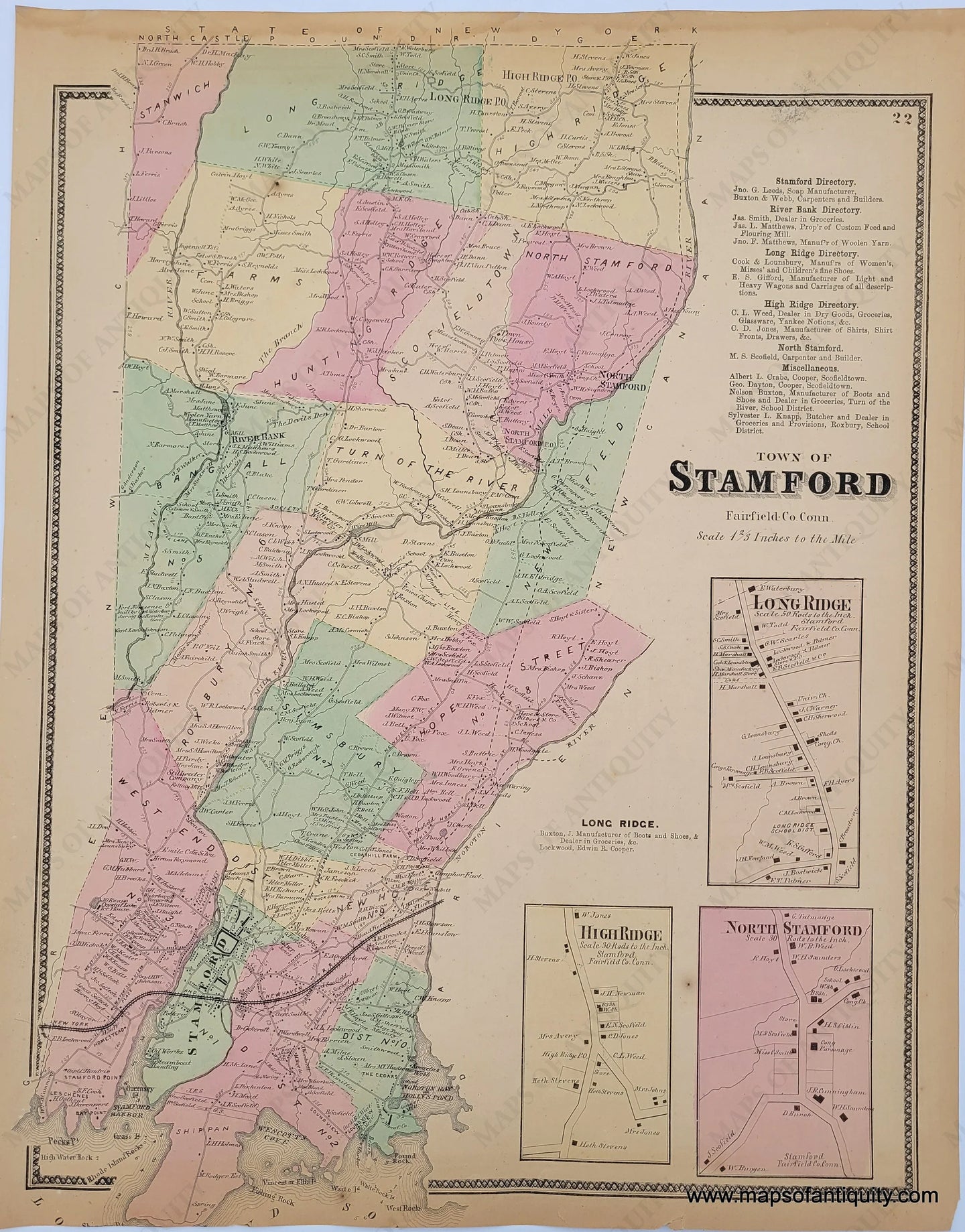 Antique-Hand-Colored-Map-Town-of-Stamford-(CT)--United-States-Northeast-1867-Beers-Maps-Of-Antiquity