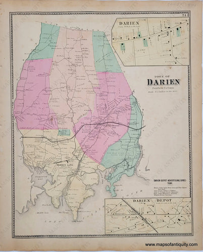 Genuine-Antique-Map-Town-of-Darien-CT-Connecticut-1867-Beers-1800s-19th-century-property-map-maps-of-antiquity