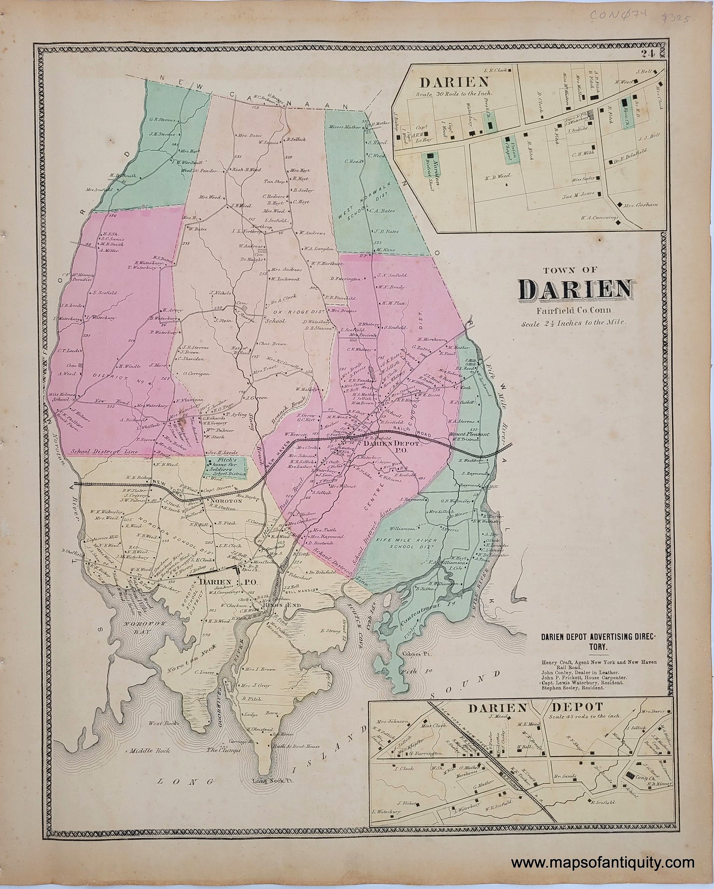 Genuine-Antique-Map-Town-of-Darien-CT-Connecticut-1867-Beers-1800s-19th-century-property-map-maps-of-antiquity