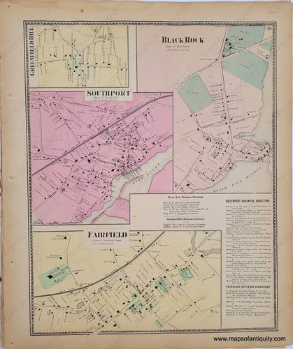 1867 - Southport Greenfield Hill Black Rock Fairfield (Ct) Antique Map Genuine Hand-Colored