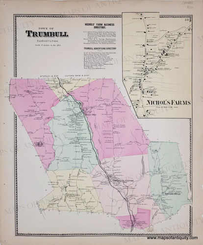 Antique Map with original hand-coloring in tones of yellow, blue, pink, and orange.  Antique-Map-Town-of-Trumbull-Nichol's-Farms-Connecticut-CT-1867-Beers-1860s-1800s-19th-century-Maps-of-Antiquity