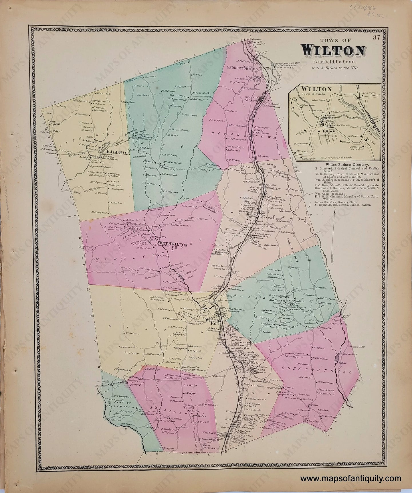 Antique-Map-Town-of-Wilton-Connecticut-CT-1867-Beers-1860s-1800s-19th-century-Maps-of-Antiquity