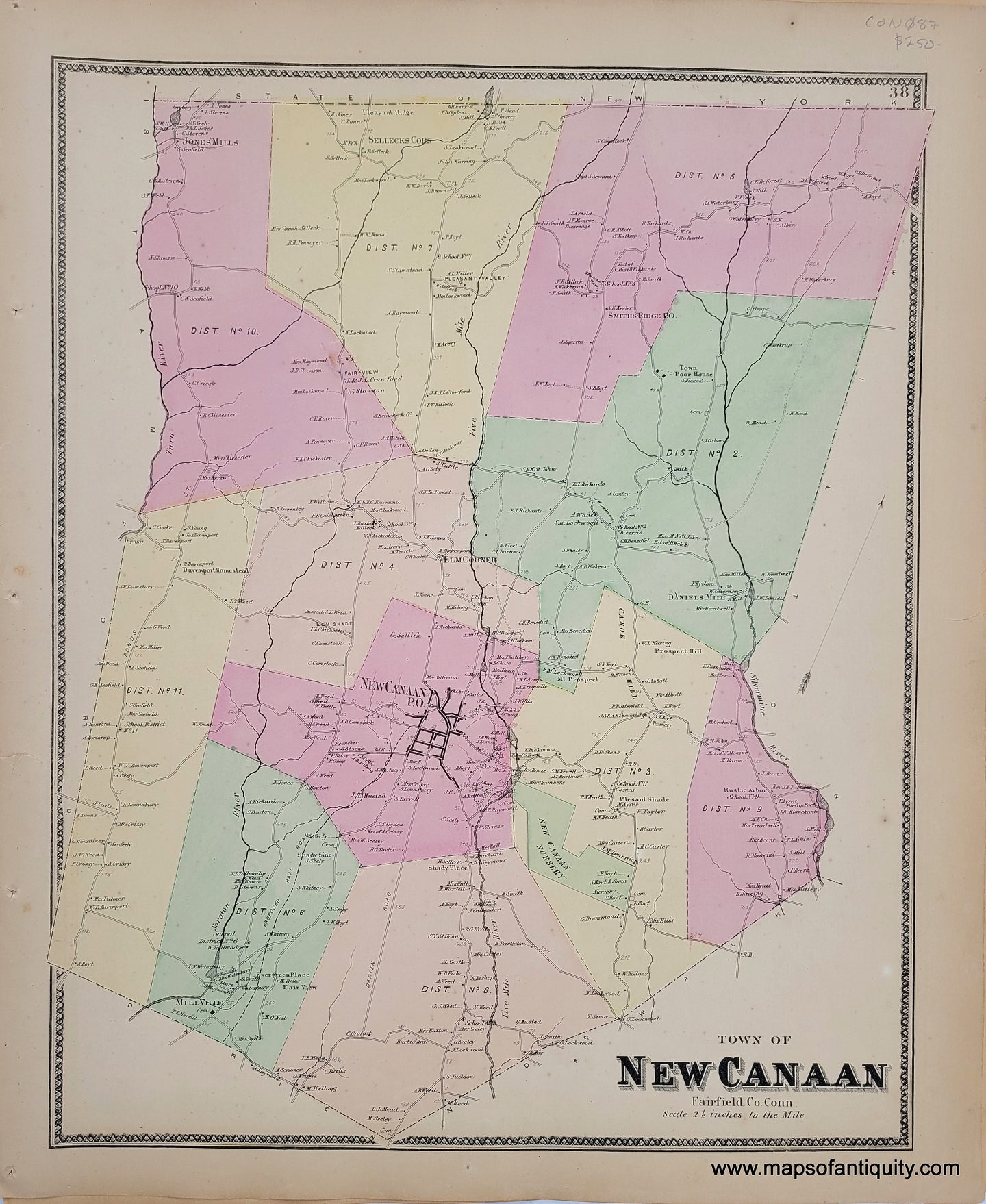 Antique-Hand-Colored-Map-Town-of-New-Canaan-(CT)-United-States-Northeast-1867-Beers-Maps-Of-Antiquity