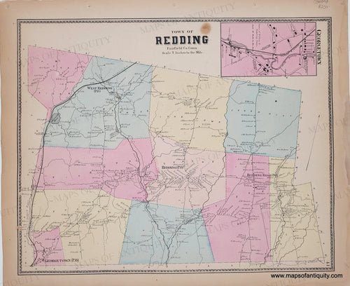 Antique map of the Town of Redding, Connecticut with colored sections and text. Antique Map with original hand-coloring in tones of yellow, blue, pink, and orange. 