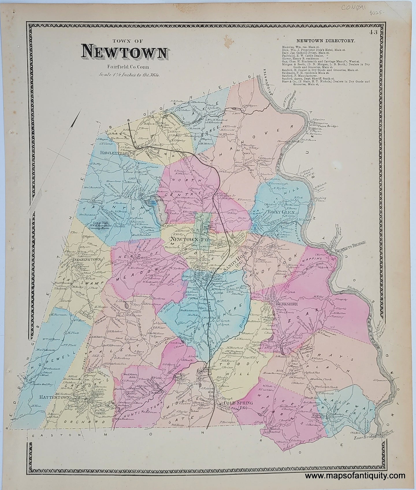 Antique-Map-Town-of-Newtown-Connecticut-CT-1867-Beers-1860s-1800s-19th-century-Maps-of-Antiquity