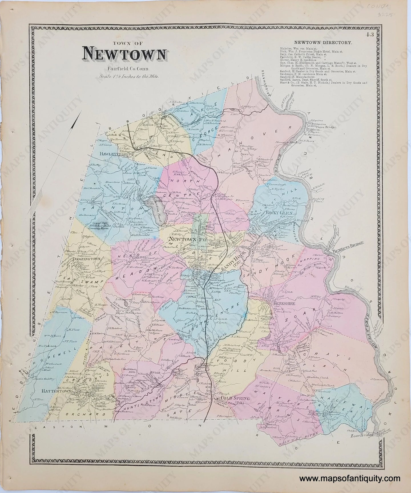 Antique-Map-Town-of-Newtown-Connecticut-CT-1867-Beers-1860s-1800s-19th-century-Maps-of-Antiquity